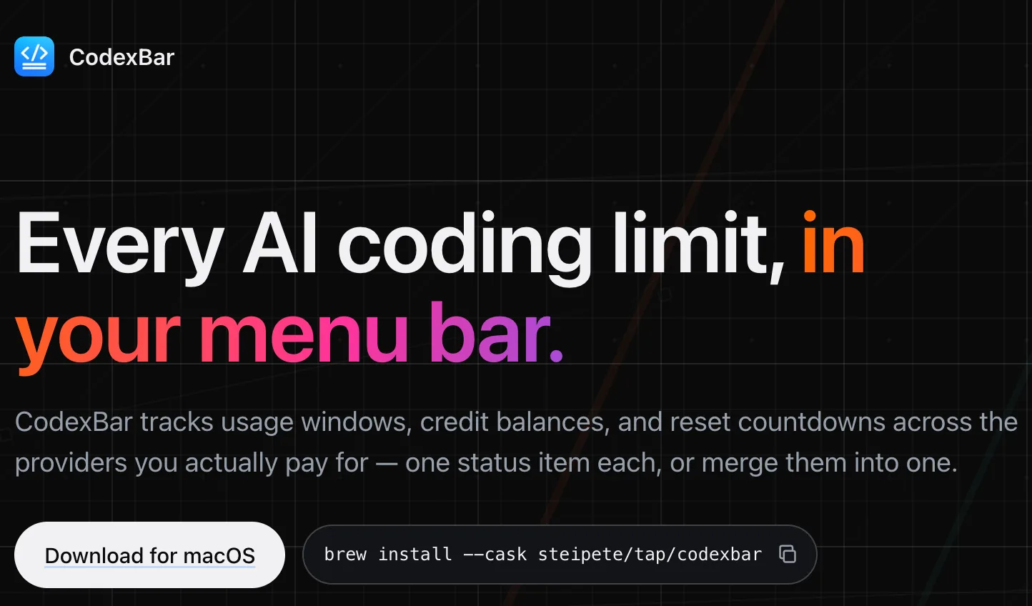 CodexBar 集中顯示多項 AI 工具用量的介面示意圖